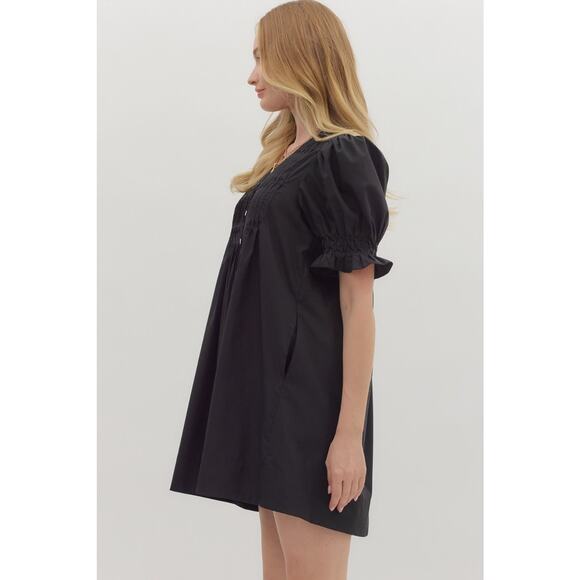 Entro Black Smocked Puff Sleeve Mini Dress | Babydoll V-Neck Button Sz M - NWT - Picture 2 of 4